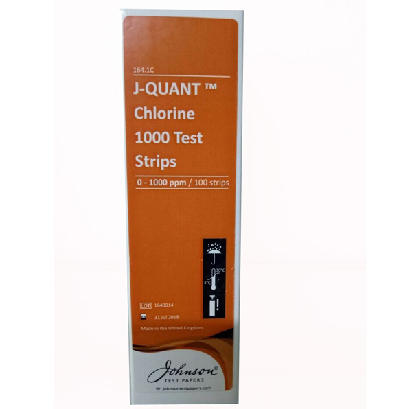 •	Mô tả sản phẩm -	J-QUANT® Chlorine là loại que thử nhanh và chính xác hàm lượng chlorine dư trong dung dịch.   -	Hãng sản xuất: Johnson Test Papers – Vương Quốc Anh. -	Thang đo:  0 – 5 mg/L (ppm), 0 – 10 mg/L (ppm), 0 – 300 mg/L (ppm), 0 – 1000 mg/L (ppm).  -	Qui cách đóng gói: 100 que test/ hộp.  •	Tính năng : -	Kiểm tra nồng độ chlorine trong nước vệ sinh dụng cụ, thiết bị, bảo hộ lao động trong xí nghiệp chế biến thủy sản, nuôi trồng thủy sản, khách sạn, nhà hàng, bếp ăn công nghiệp. -	Dùng trong phòng thí nghiệp, Lab.
